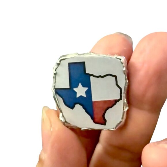 Broken China Texas Flag Ring Handcrafted With Silver Alloy Metalwork Boho Style - Picture 8 of 14